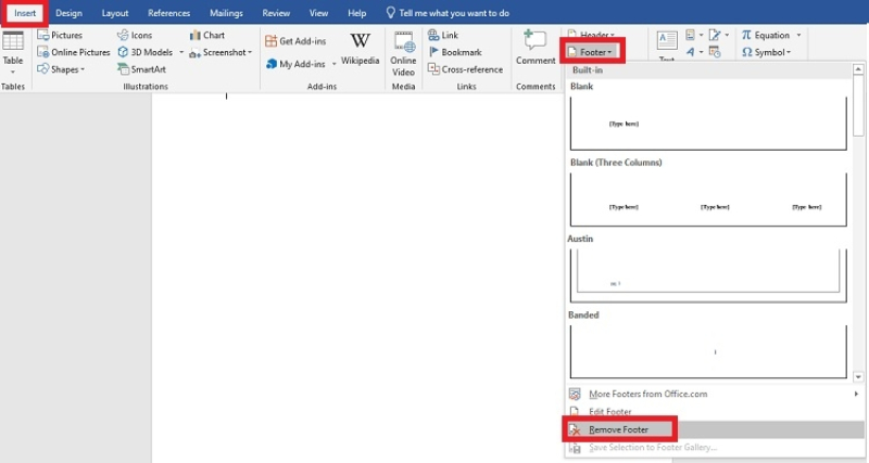 Chọn Remove Footer để xóa số trang Word