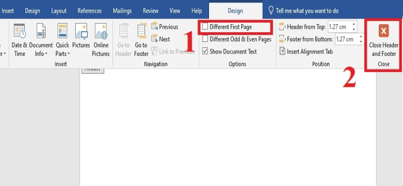 Bật Different First Page để ẩn số trang