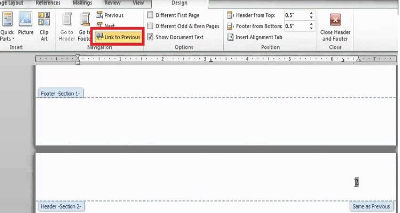 Tắt liên kết trang cuối với các trang trong Word