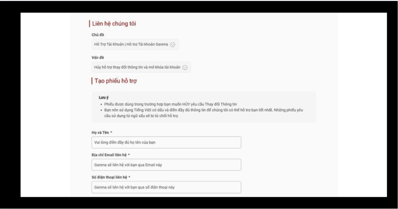 Mẫu hỗ trợ yêu cầu xóa tài khoản Liên Quân