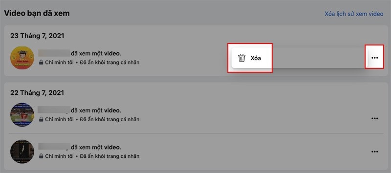Xóa từng video trong lịch sử xem trên Facebook bằng máy tính
