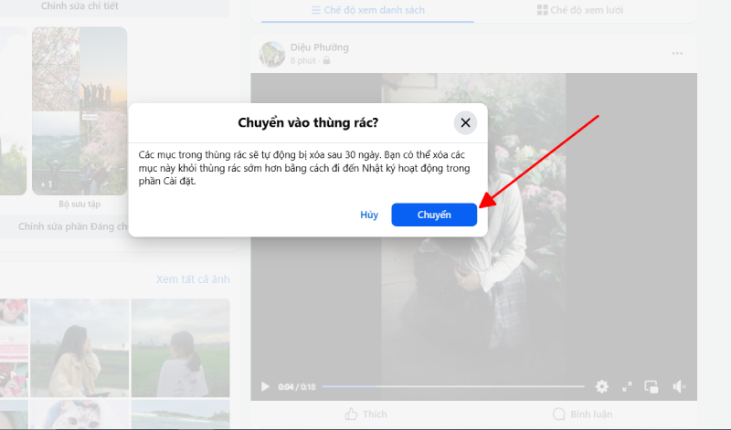 Xác nhận xóa video bằng cách chọn Chuyển
