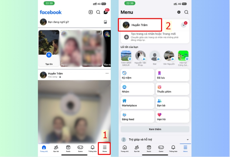 Vào Menu Facebook trên điện thoại để chọn trang cá nhân
