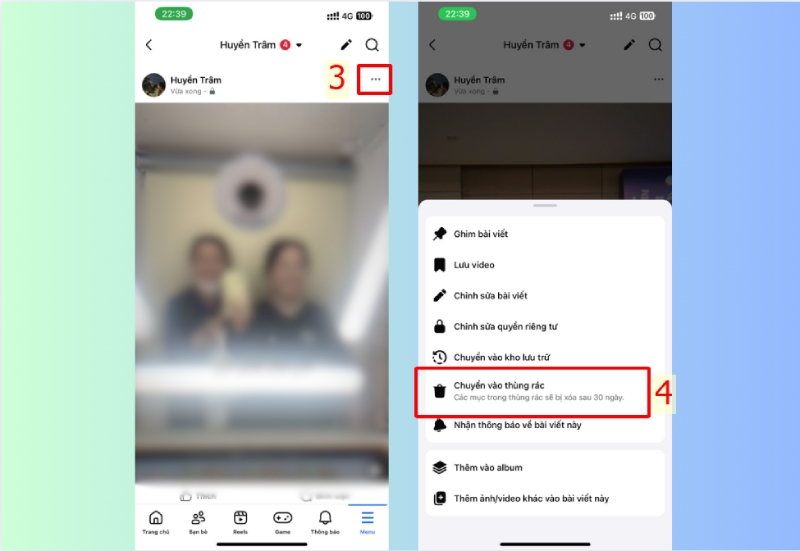 Chọn biểu tượng ba chấm trên bài viết video và nhấn Chuyển vào thùng rác