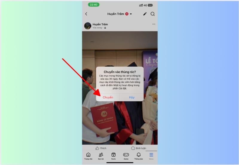 Xác nhận chuyển video vào thùng rác trên điện thoại
