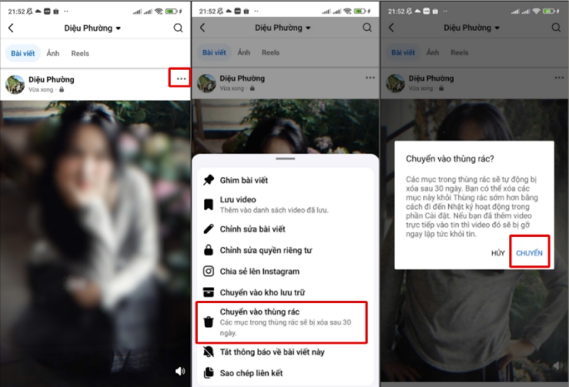 Chọn Chuyển vào thùng rác trong menu bài viết trên Facebook