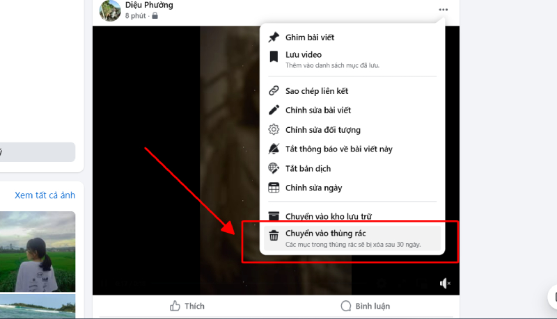 Chọn Chuyển video vào thùng rác từ menu trên máy tính