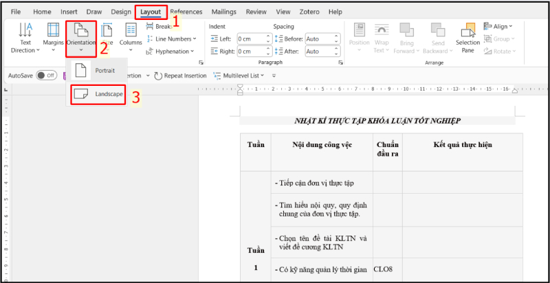 Chọn Orientation và Landscape để xoay ngang trang Word
