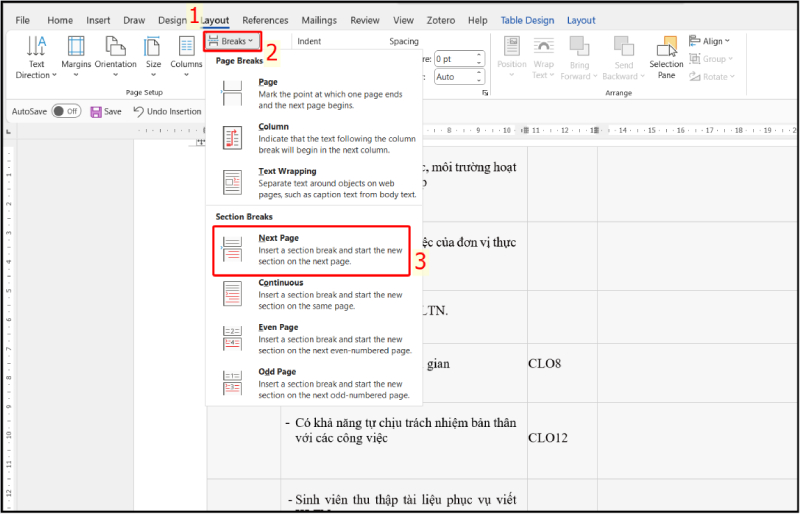 Tạo Section Break mới để áp dụng xoay ngang riêng cho trang