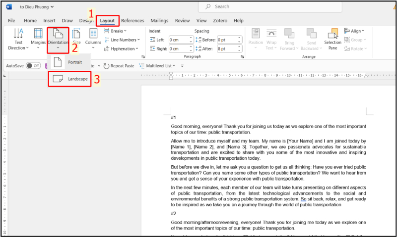 Xoay ngang toàn bộ nội dung bằng Orientation Landscape
