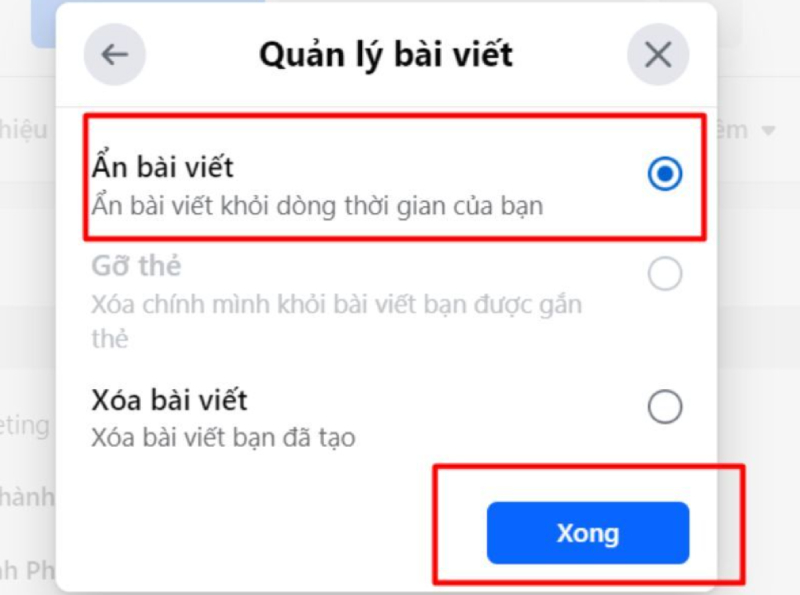 Lựa chọn ẩn hoặc xóa bài viết
