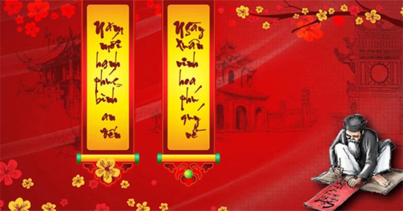 Cặp câu đối Tết thư pháp vàng trên nền đỏ