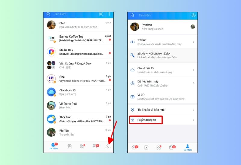 Vào mục Cá nhân trên Zalo, chọn Quyền riêng tư