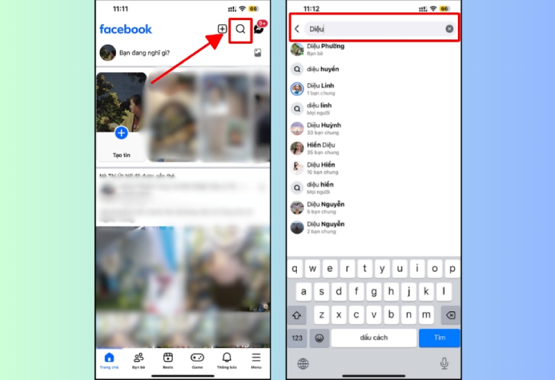 Tìm kiếm bạn bè trên Facebook bằng thanh tìm kiếm iPhone.