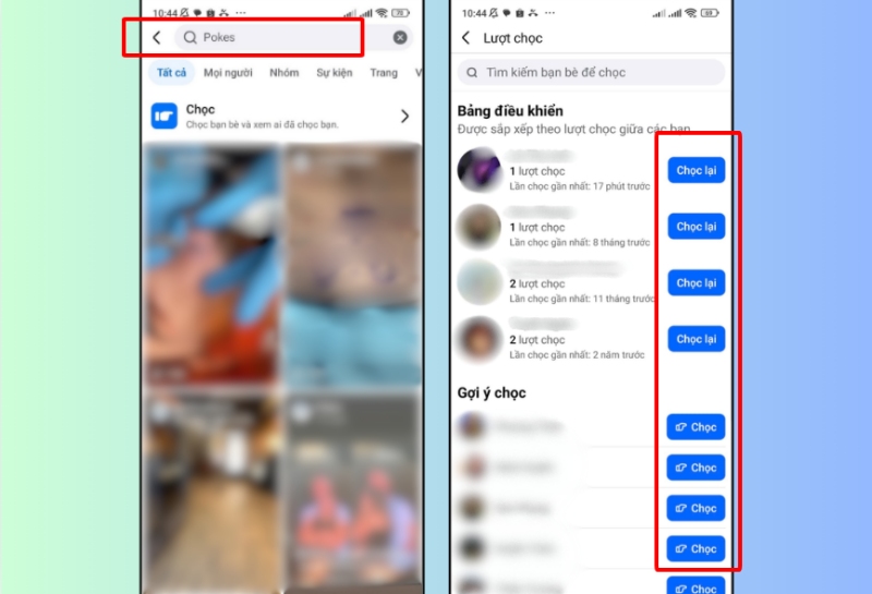 Trang Pokes trên Android hiển thị nút chọc và chọc lại