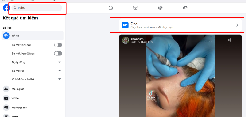 Kết quả tìm kiếm Pokes trên Facebook máy tính