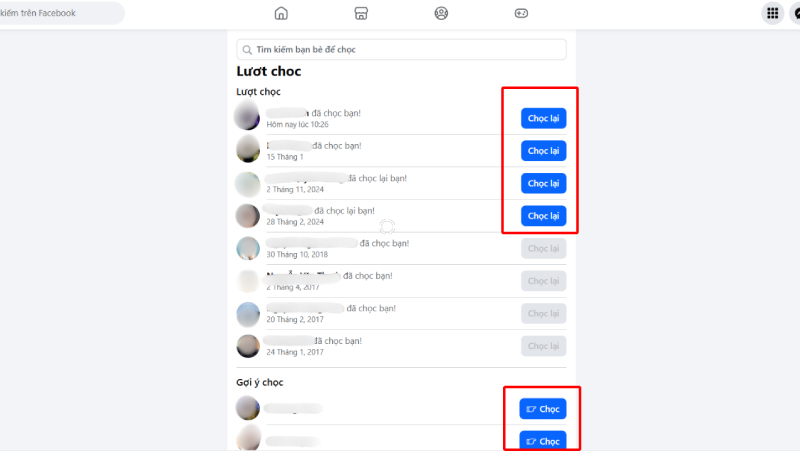 Danh sách lượt chọc và nút chọc lại trên Facebook máy tính