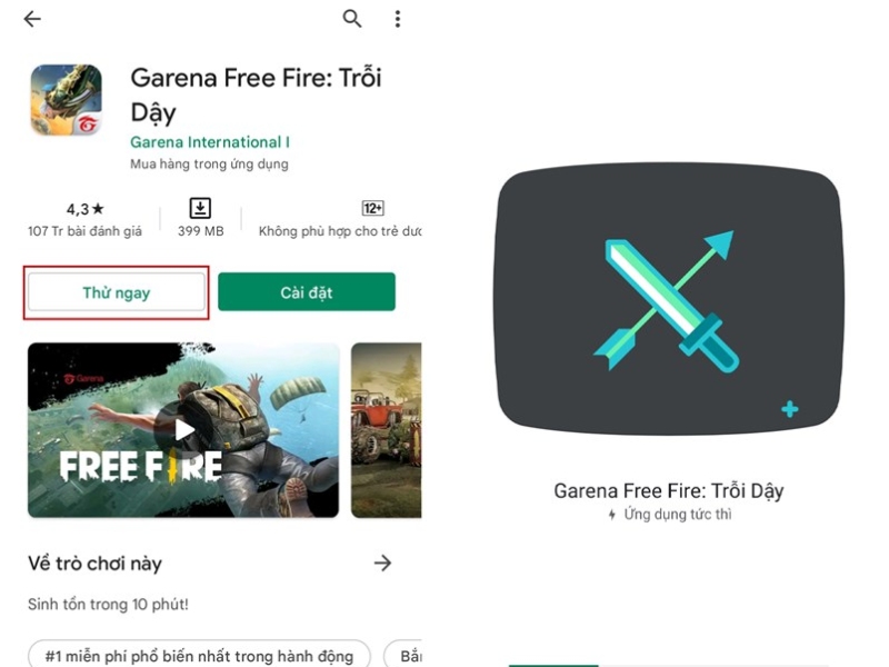 Garena Free Fire hiển thị trên Google Play, kèm tùy chọn "Thử ngay"