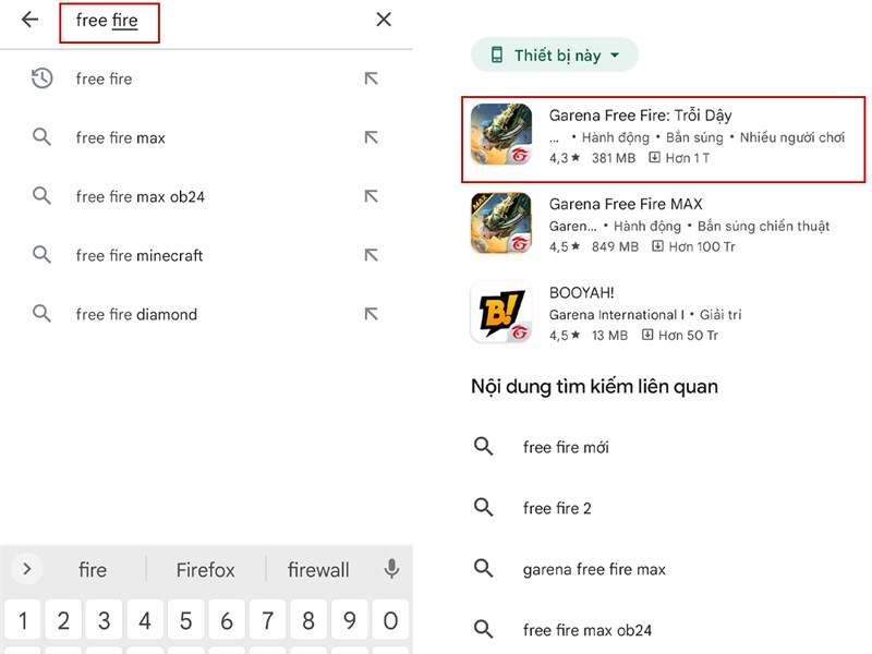 Kết quả tìm kiếm Free Fire trên CH Play, hỗ trợ chơi game nhanh không cần tải về
