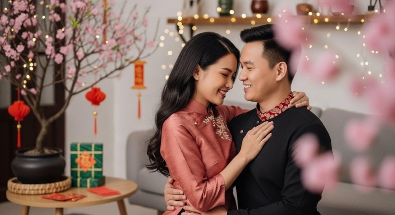 Cặp đôi mặc áo dài chụp ảnh Tết trong nhà