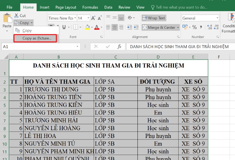 Thao tác chọn copy as picture để chuyển file excel sang ảnh