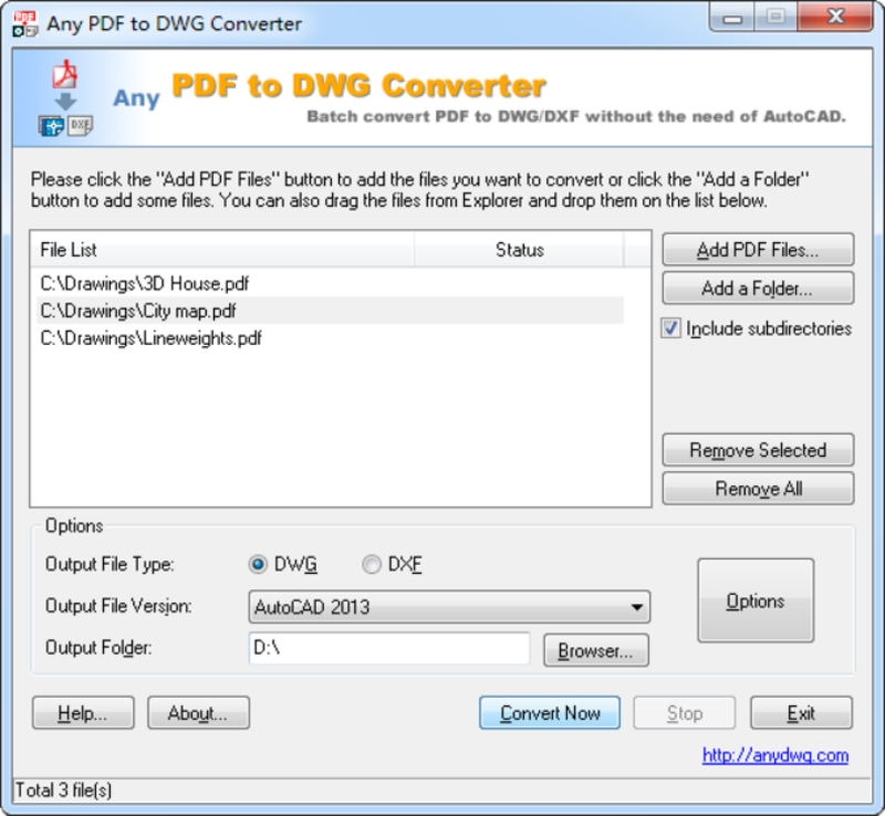 Giao diện Any PDF to DWG Converter trên sau khi tải về máy