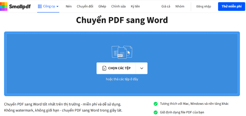 Giao diện SmallPDF chuyển PDF sang Word