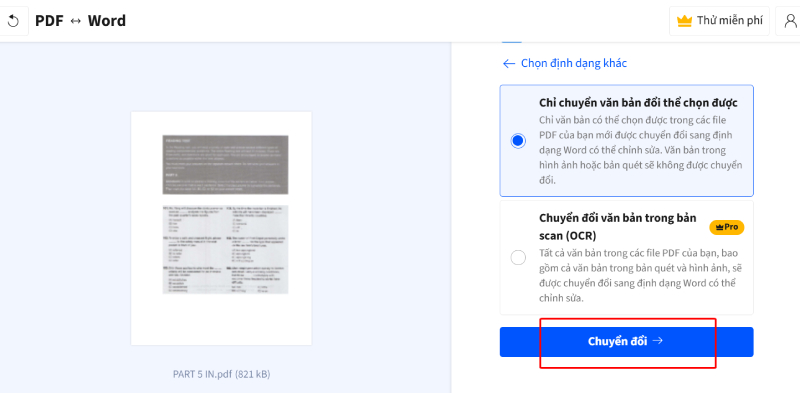 Chọn chuyển đổi để chuyển PDF sang docx