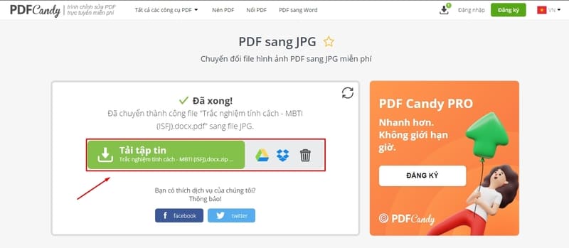 Nhấn Tải tập tin để lưu về máy tính hoặc về Google Drive, Dropbox