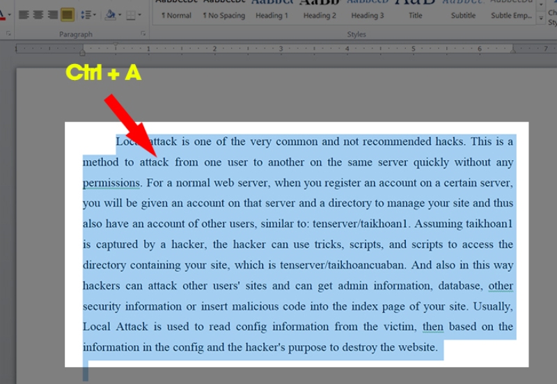 Thao tác ctrl + a để chọn toàn bộ văn bản