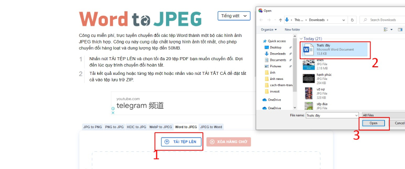 Giao diện và các bước thực hiện trên web Word to JPG