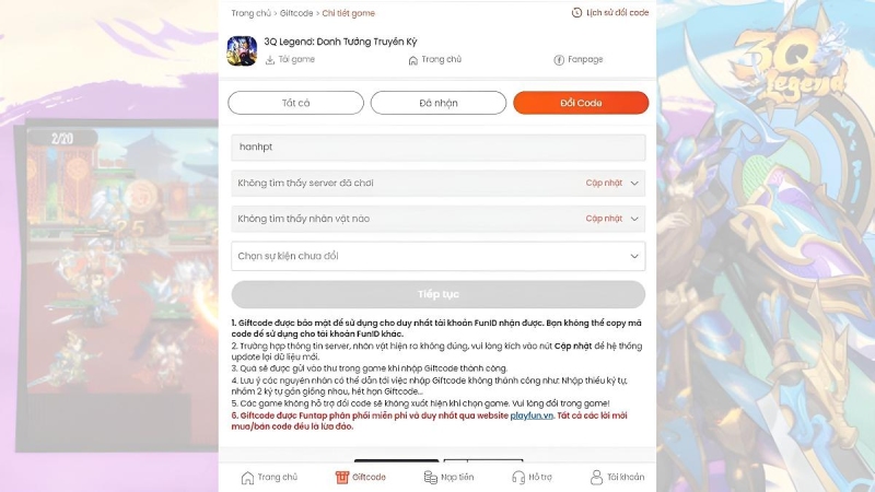 Giao diện nhập giftcode tại mục “Đổi Code” của 3Q Legend