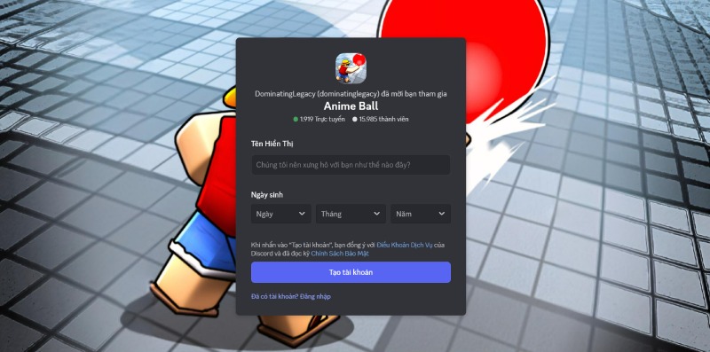 Giao diện đăng ký vào server Discord của Anime Ball.