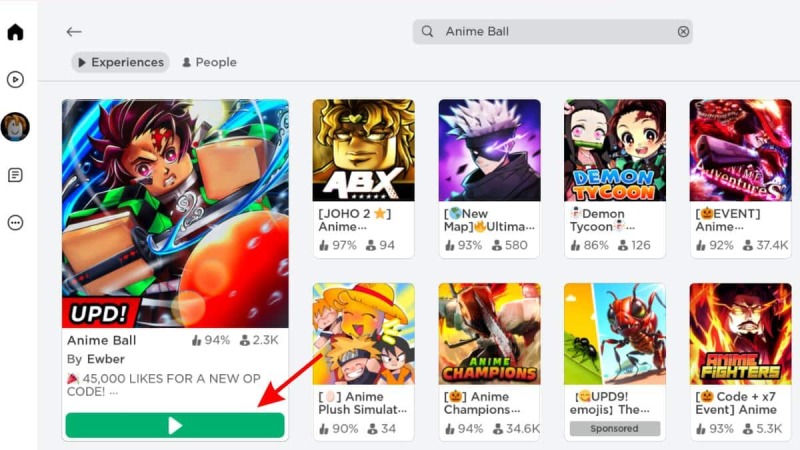 Trang chọn game Anime Ball trong Roblox.