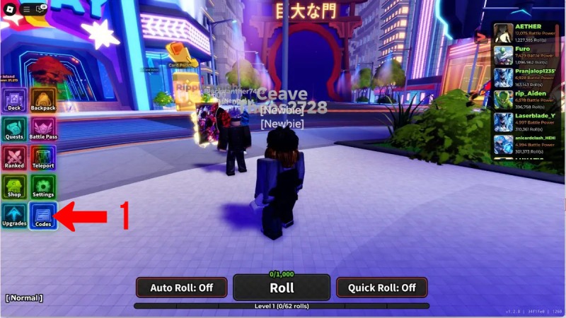 Giao diện chính trong game với nút “Codes” màu xanh nằm ở góc trái 