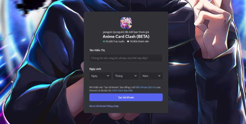 Màn hình mời tham gia server Discord Anime Card Clash