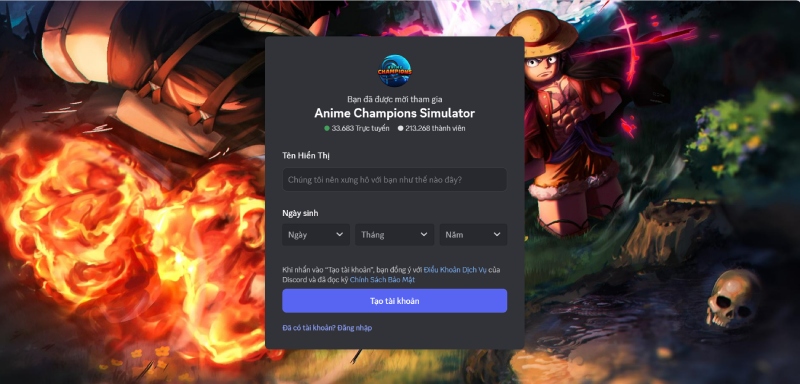 Trang đăng nhập Discord để tham gia cộng đồng Anime Champions Simulator