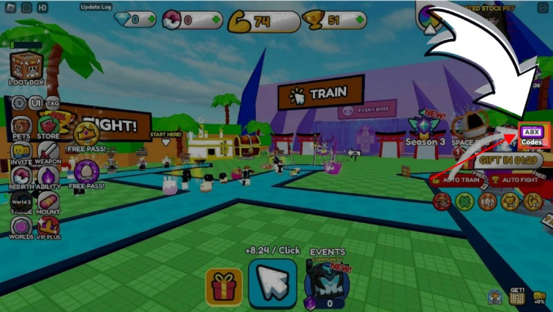 Mũi tên hướng dẫn vào khu vực nhập code trong giao diện game