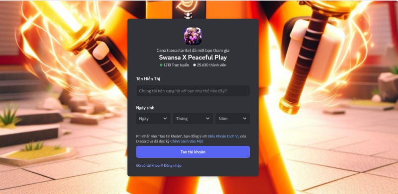 Màn hình tạo tài khoản để tham gia nhóm Discord