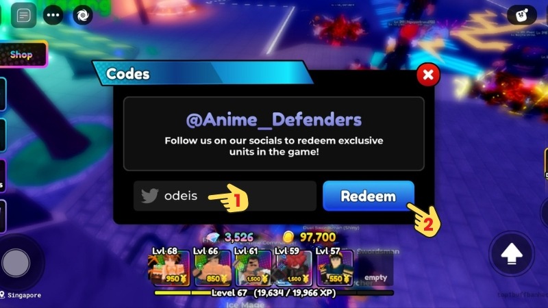 Người chơi nhập mã “odeis” và nhấn “Redeem” để xác nhận phần thưởng