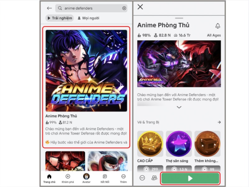Giao diện Roblox khi tìm và vào chơi game Anime Defenders.