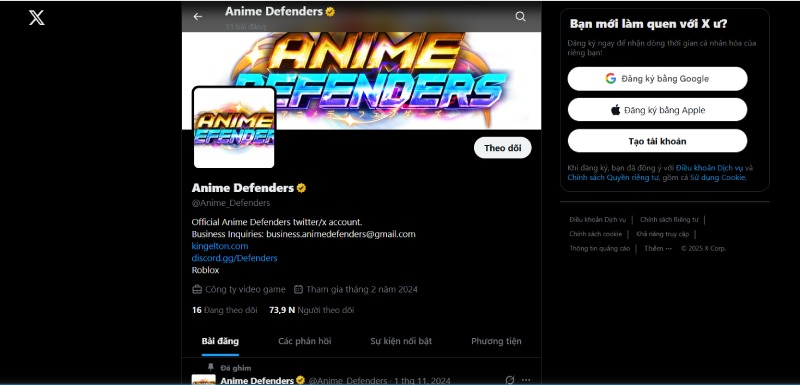 Trang X chính thức của Anime Defenders – cập nhật tin tức và code game