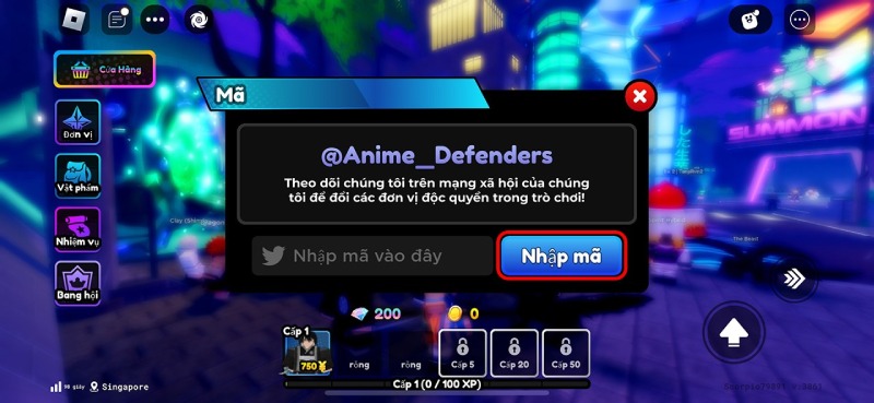 Giao diện nhập mã code từ mạng xã hội chính thức của Anime Defenders.
