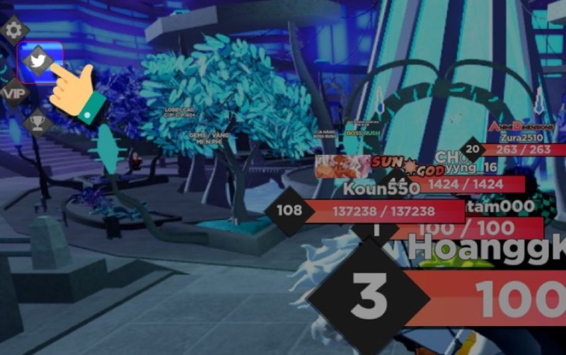 Vị trí nút Twitter để nhập code trong giao diện chính game