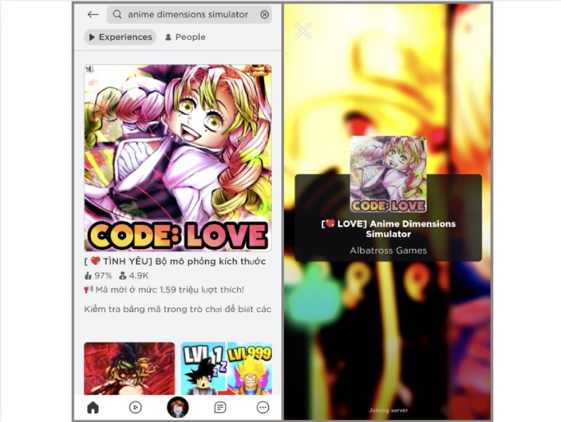 Giao diện Roblox và tìm game Anime Dimensions