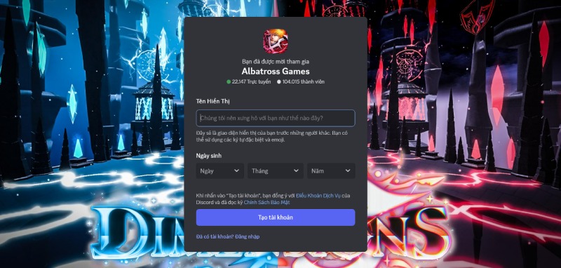 Giao diện đăng ký vào server Discord của Albatross Games