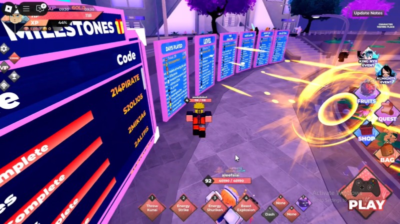 Bảng milestone và mã code trong game Anime Dimensions
