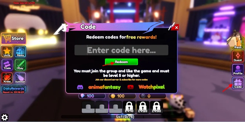 Giao diện đổi code nhận phần thưởng trong game