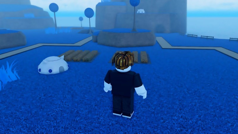 Nhân vật Roblox đứng trong khung cảnh cánh đồng xanh dương