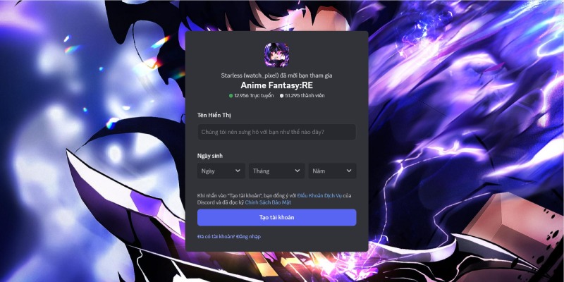 Trang đăng ký tham gia server Discord Anime Fantasy:RE.